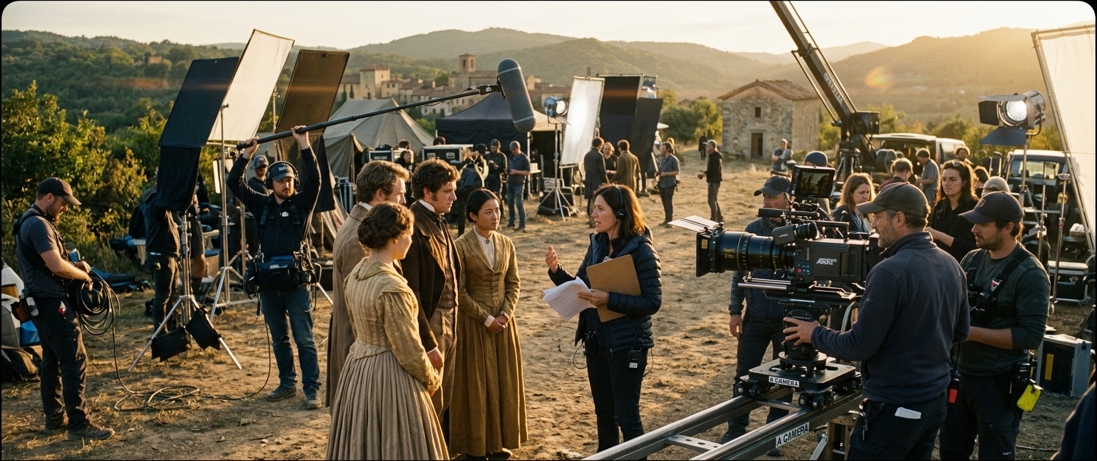 A film crew at work on set
