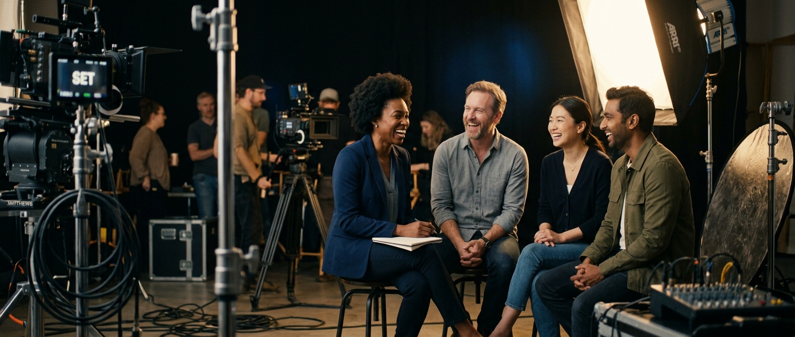 A team making a film together on a company day out